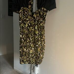 PrettyLittleThing Black and Gold Sequin Mini Dress